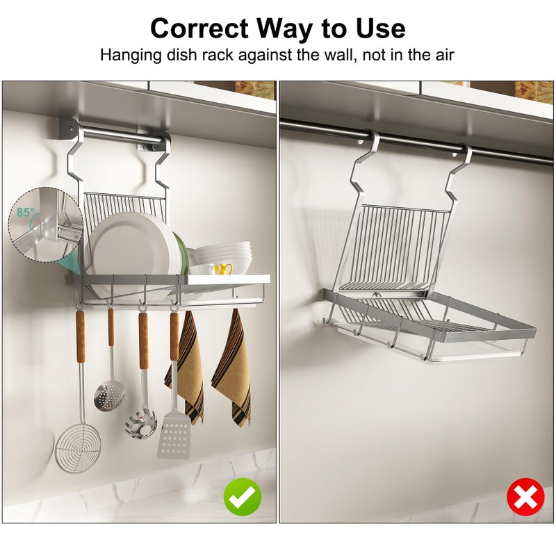 TQVAI Over Sink Dish Drainer Drying Rack, Stainless Steel Foldable Wall Mounted Dish Racks with Drainboard Hanging Rod and Sponge Holder, Silver - Image 2